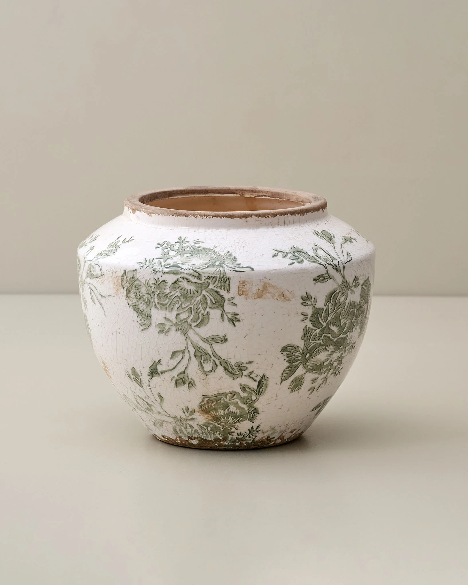 Green and White Distressed Floral Vase - Image 3