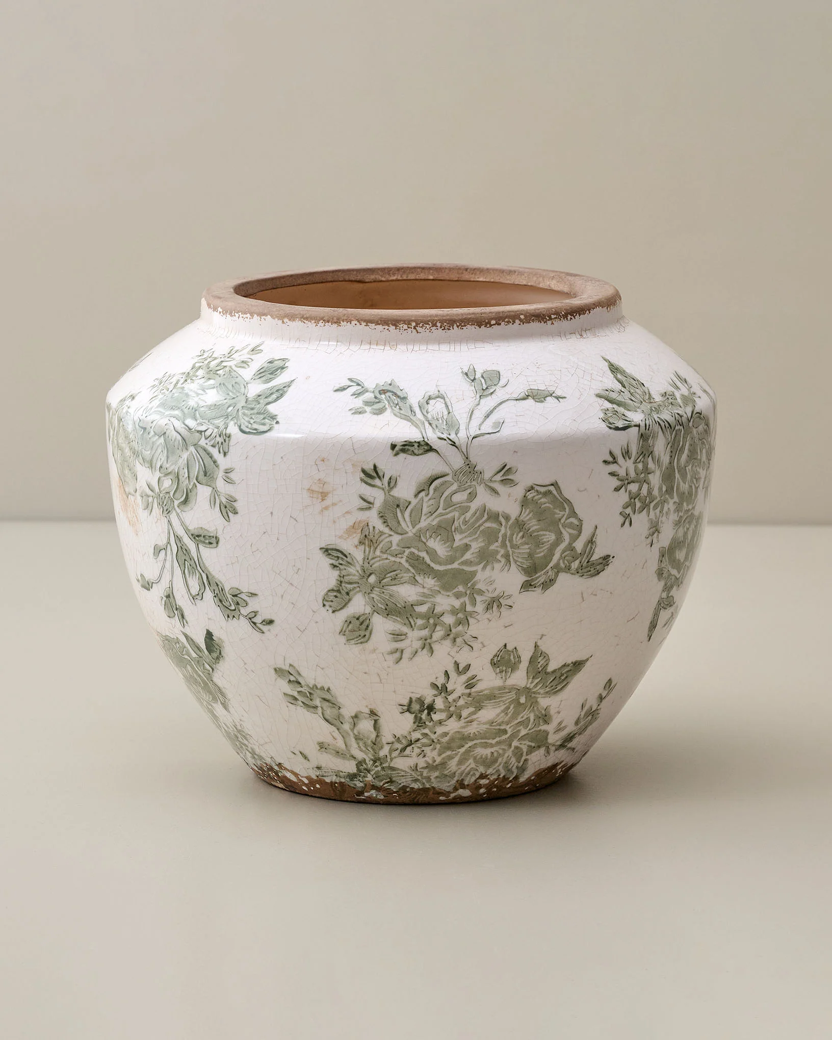 Green and White Distressed Floral Vase - Image 4