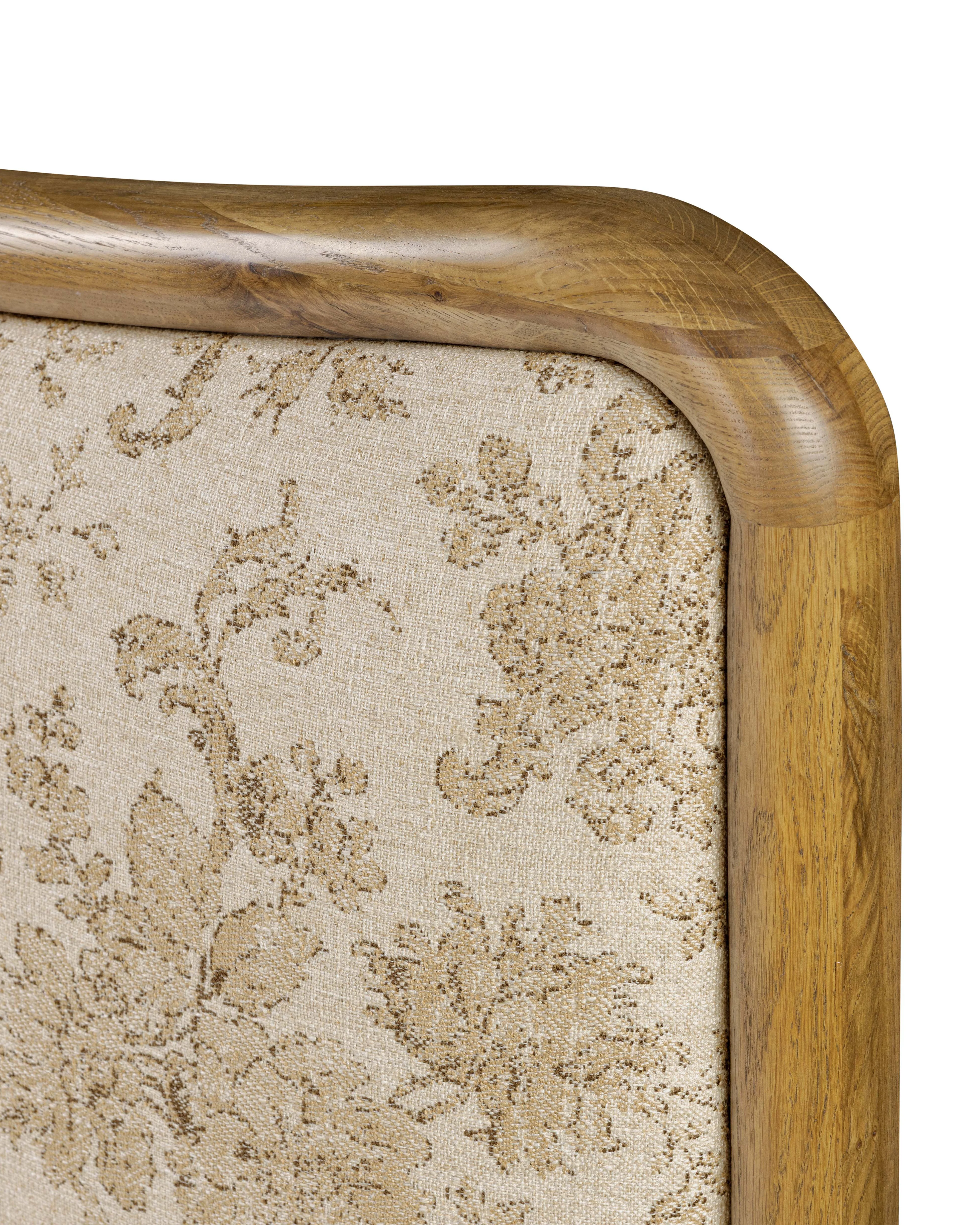 Kennie Upholstered Bed Frame with Carved Solid Oak and Linen Headboard - Image 13