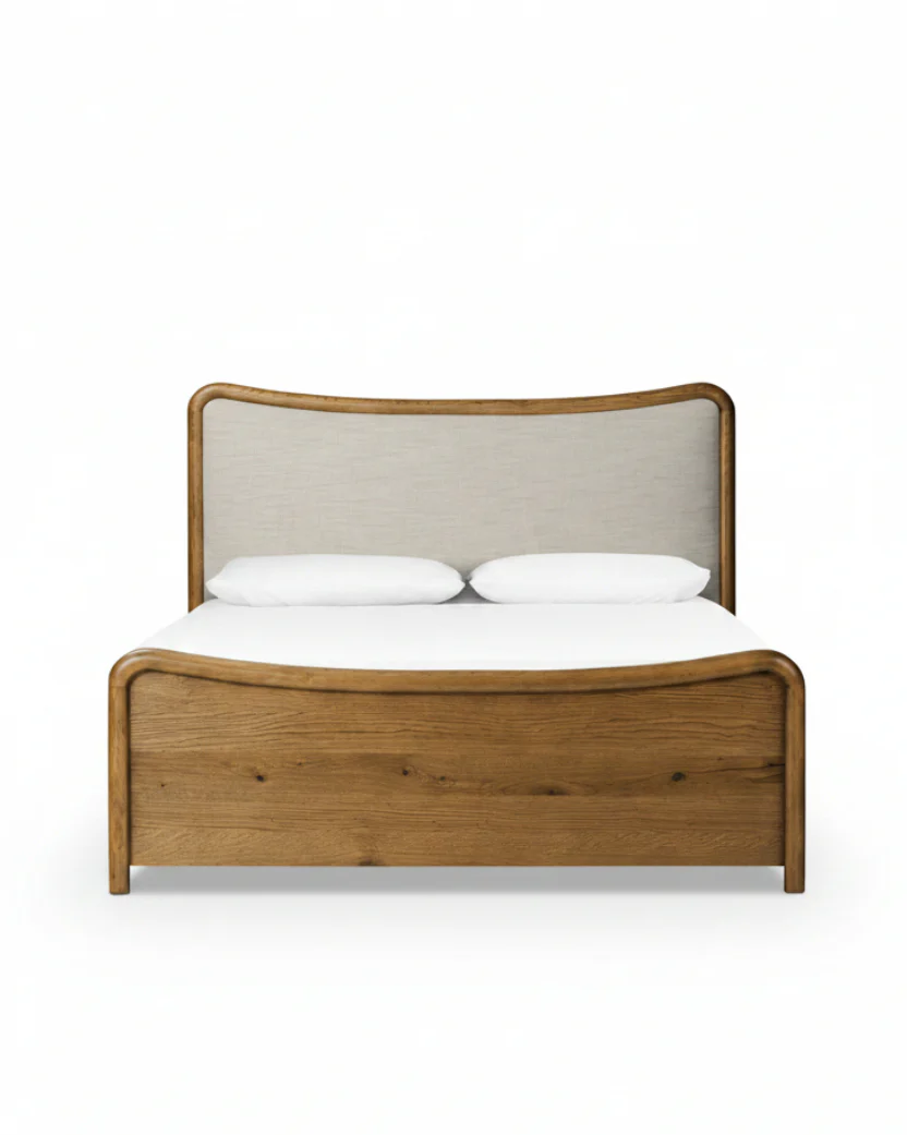 Kennie Upholstered Bed Frame with Carved Solid Oak and Linen Headboard - Image 3