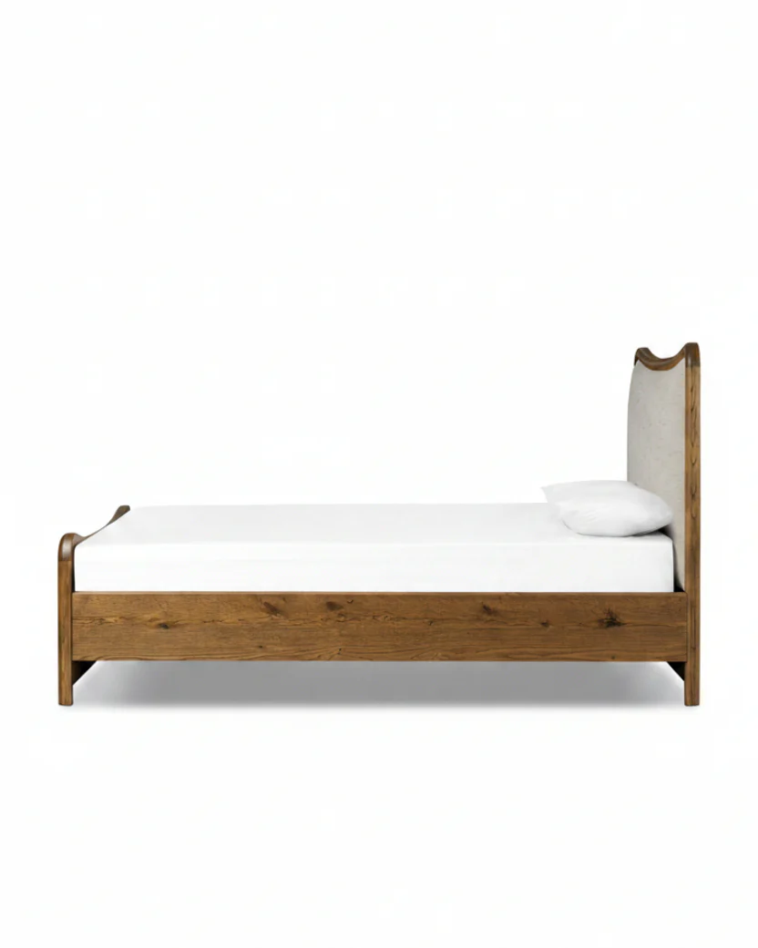 Kennie Upholstered Bed Frame with Carved Solid Oak and Linen Headboard - Image 5