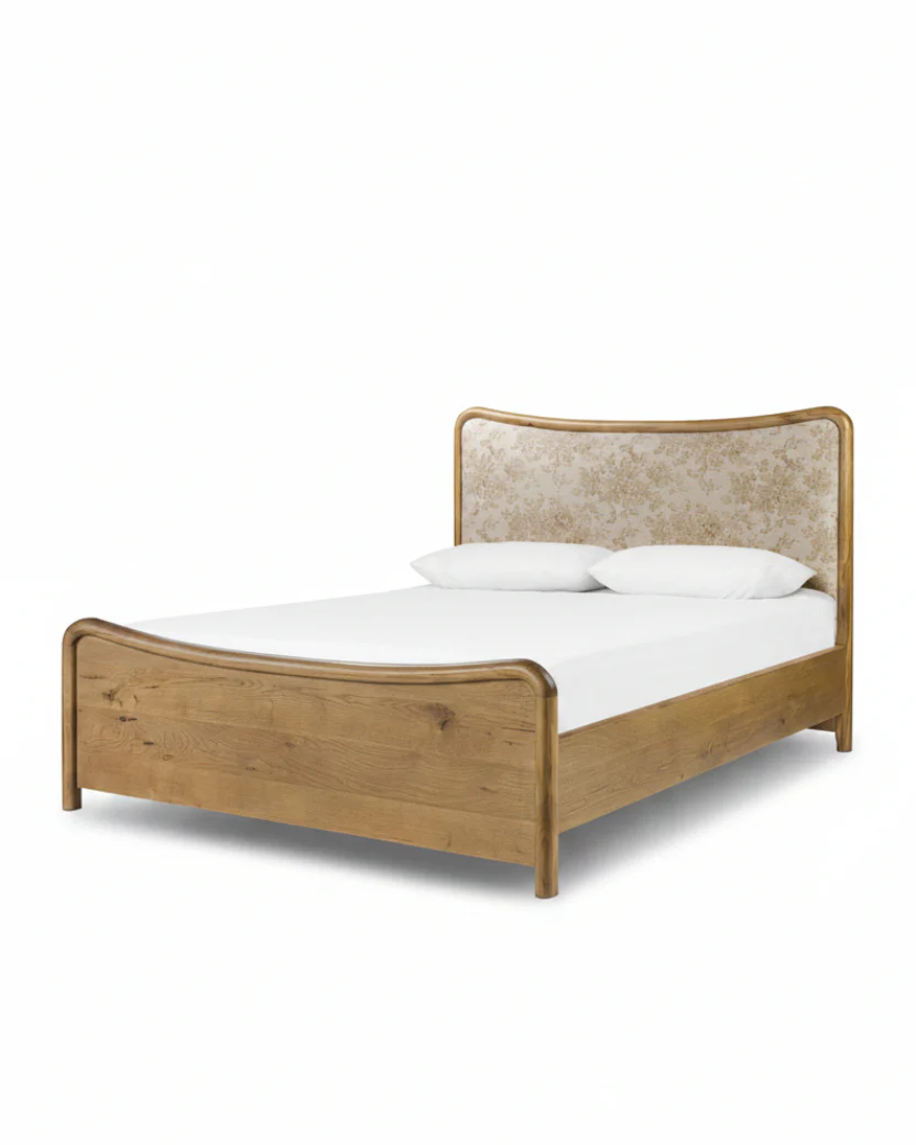 Kennie Upholstered Bed Frame with Carved Solid Oak and Linen Headboard - Image 9