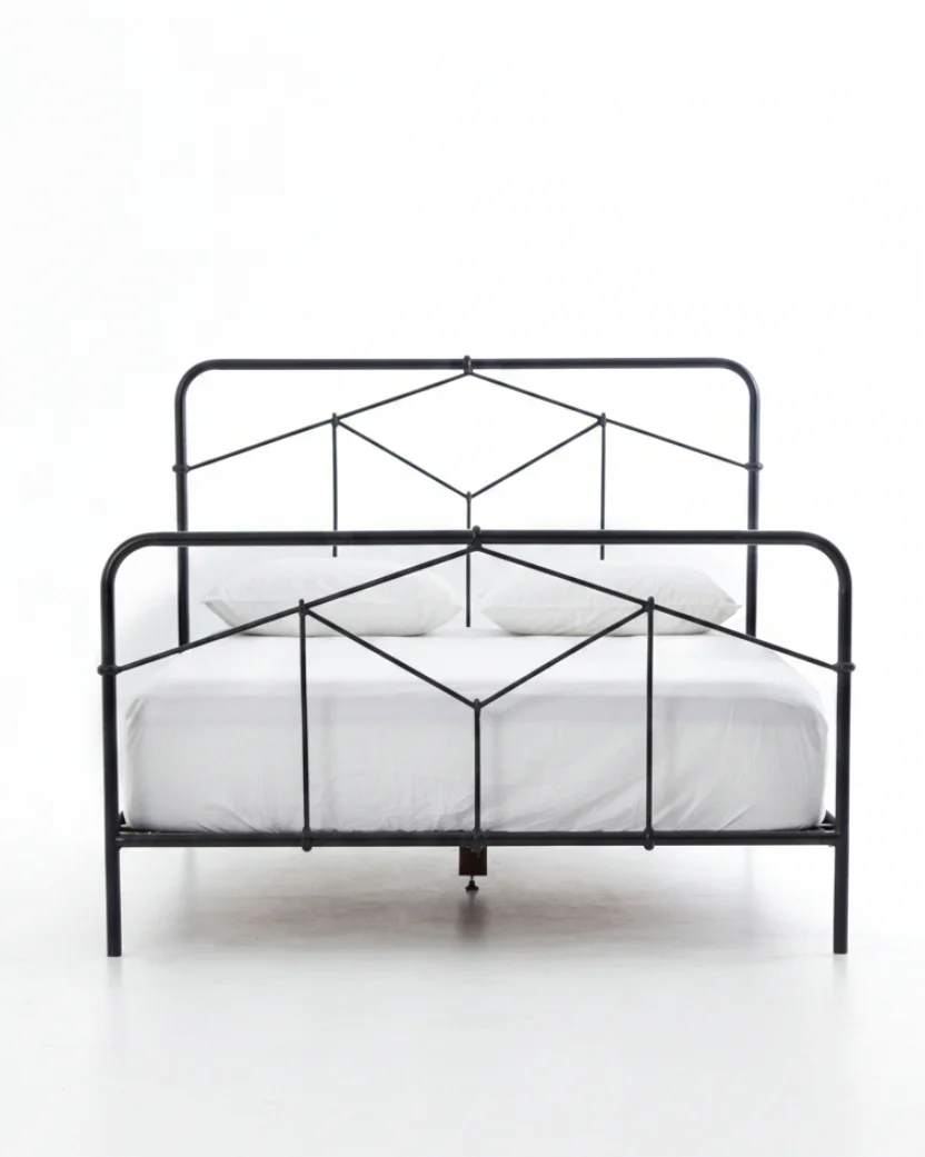 Riley Black Iron Bed Frame with Geometric Headboard, Vintage-Inspired Design - Image 7