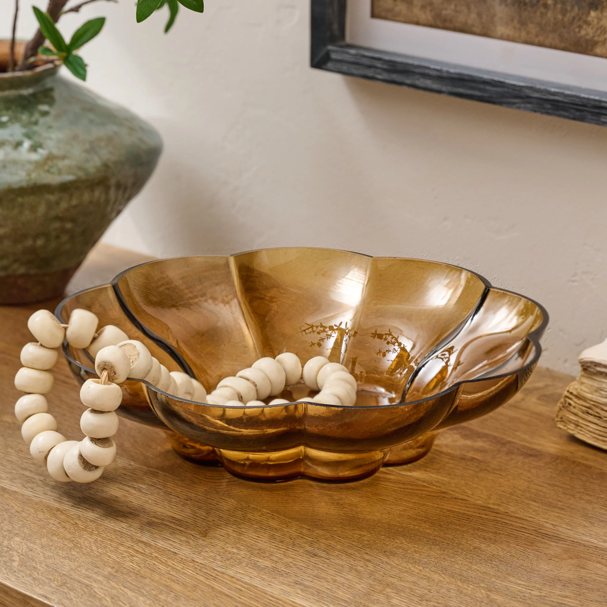Scalloped Amber Glass Bowl