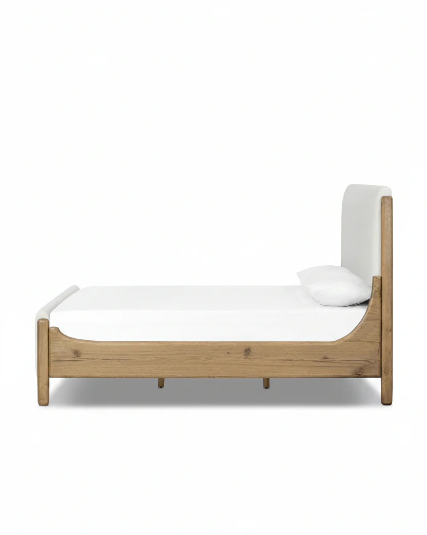Thom Solid Oak Bed Frame with Cream Upholstered Headboard and Footboard - Image 3